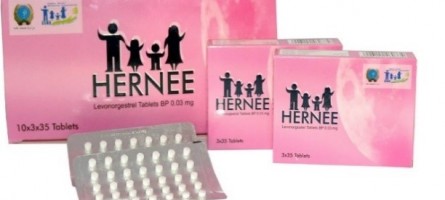 Image of a pink product box for the Hernee progestin-only pills